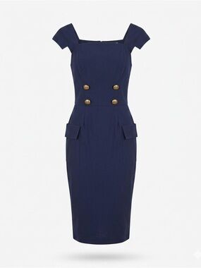 Unique Vintage Barbie Navy Pencil Dress with Gold Buttons